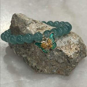 Fairycore Green Beaded Bracelet Butterfly Charm Stretch Stackable Jewelry